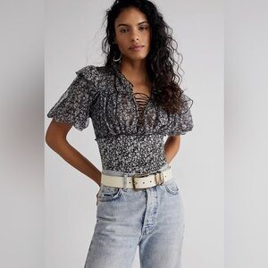 NWT Free People Floral Sheer Lace Smocked Top | Size M